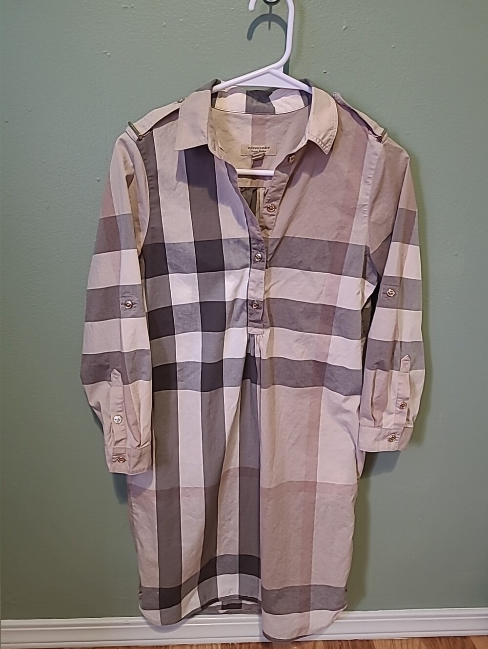 Burberry Checkered Beige Cotton Shirt Dress No Belt Size 2 - Picture 1 of 16